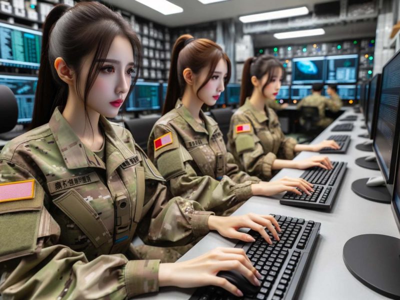 DALL·E 2023-10-18 10.18.50 – photo of three 25-year-old Taiwanese female soldiers with elegant appearances, intently operating computers in a modern tech office, each dressed in c 戰國策網軍行銷有限公司-提供專業網軍行銷、口碑行銷 、社群行銷服務