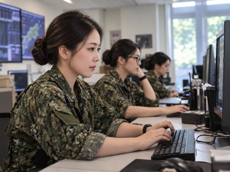 穿軍服的女性團隊在電腦前專注工作，擬真情境示意圖